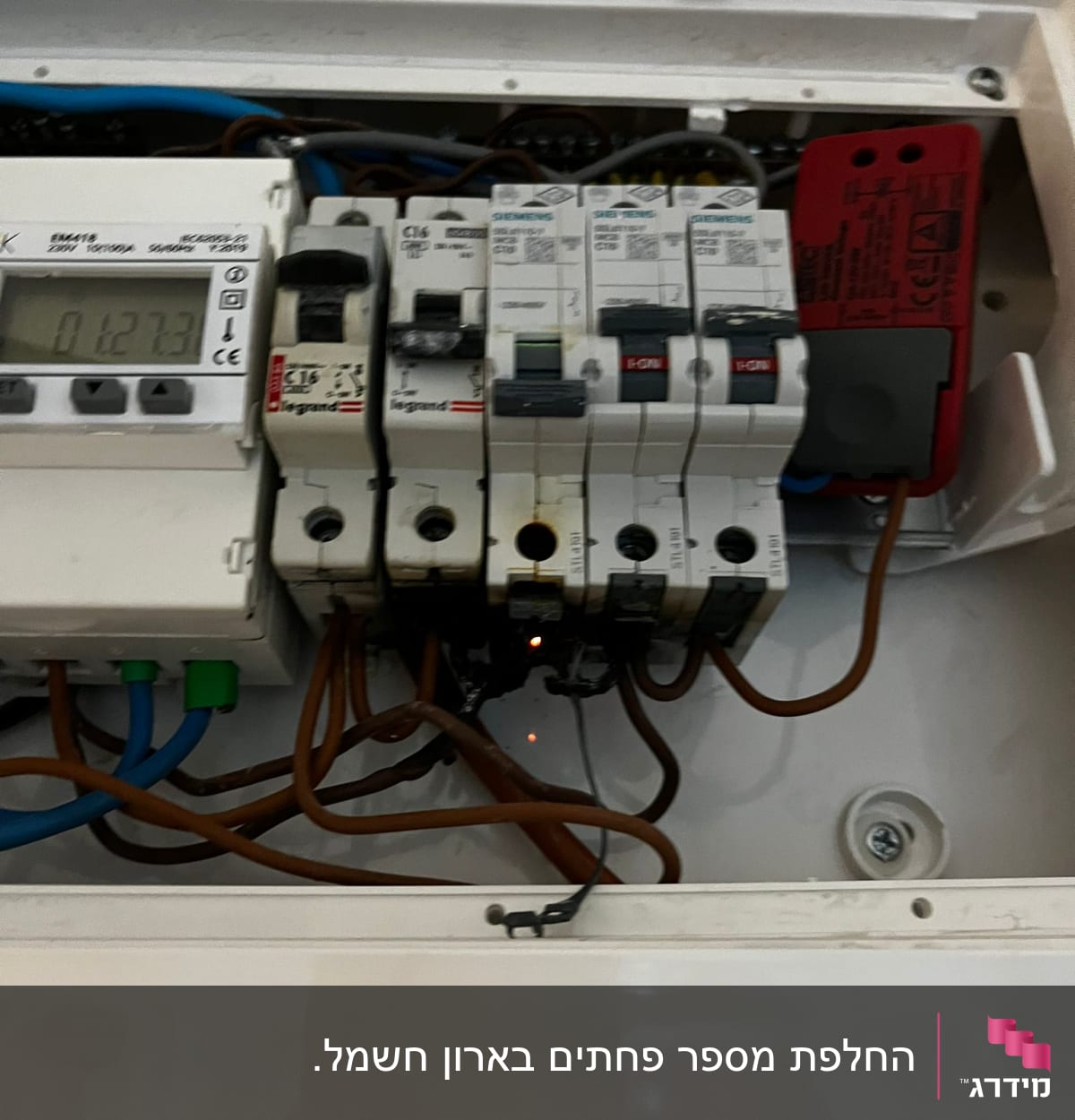לוח חשמל עם מפסקים וחוטים חומים וכחולים
